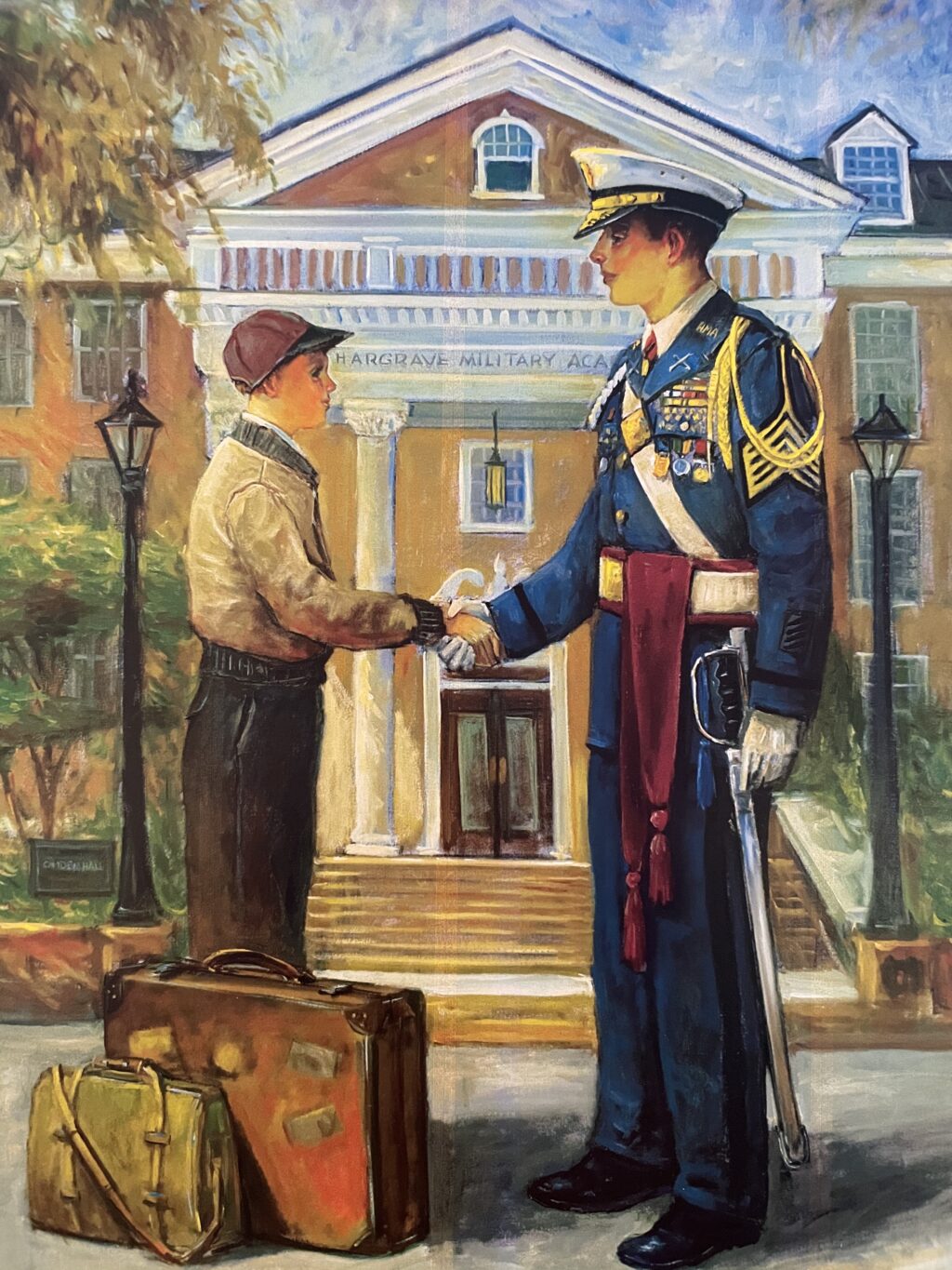 Painting of a new student with his suitcases being welcomed by a senior cadet in front of Hargrave Military Academy